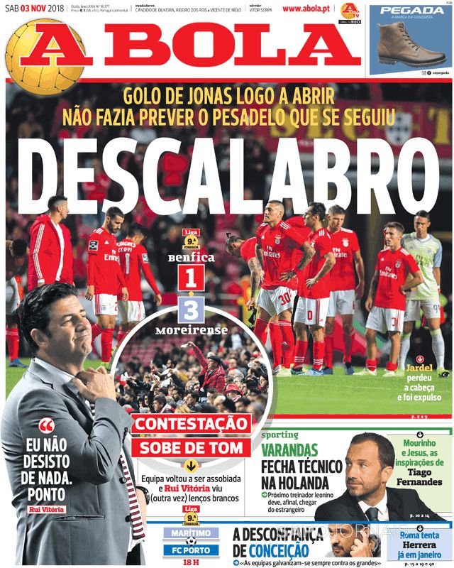Moreirense vence Benfica na Luz (3-1). Rui Vitória em dificuldades. Capas da imprensa desportiva