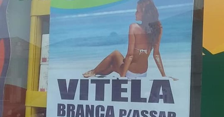 PUB. imagem de mulher na praia em biquíni usada para vender vitela para assar