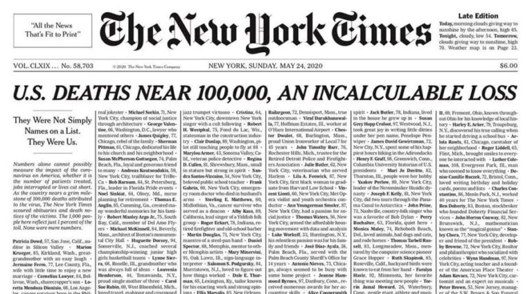 Perto 100 mil mortos. « Uma perda incalculável »: Capa do The New York Times com nomes de vítimas do Covid-19.